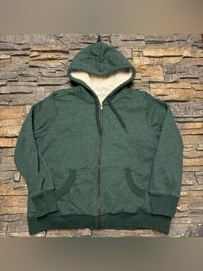 LL Bean Sherpa Lined Hoodie Sweatshirt Womens XL Petite Full Zip Green Pockets